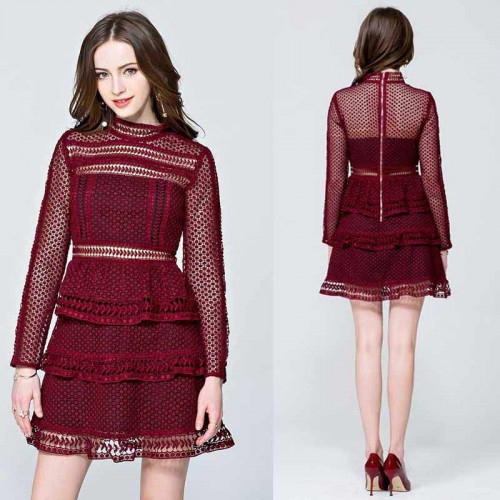 Red Long Sleeves Layer Lace Dress (Size S)