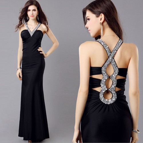 Black V-Neck Open Back Long Dress (Size S,M)