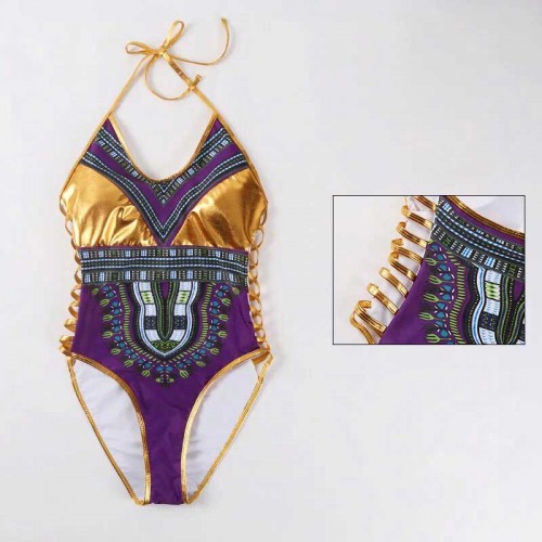 Hot Gold Tribal Printed Swimsuit (Purple)