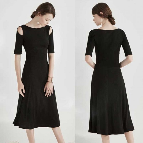 Black Crop Shoulder Midi Casual Dress